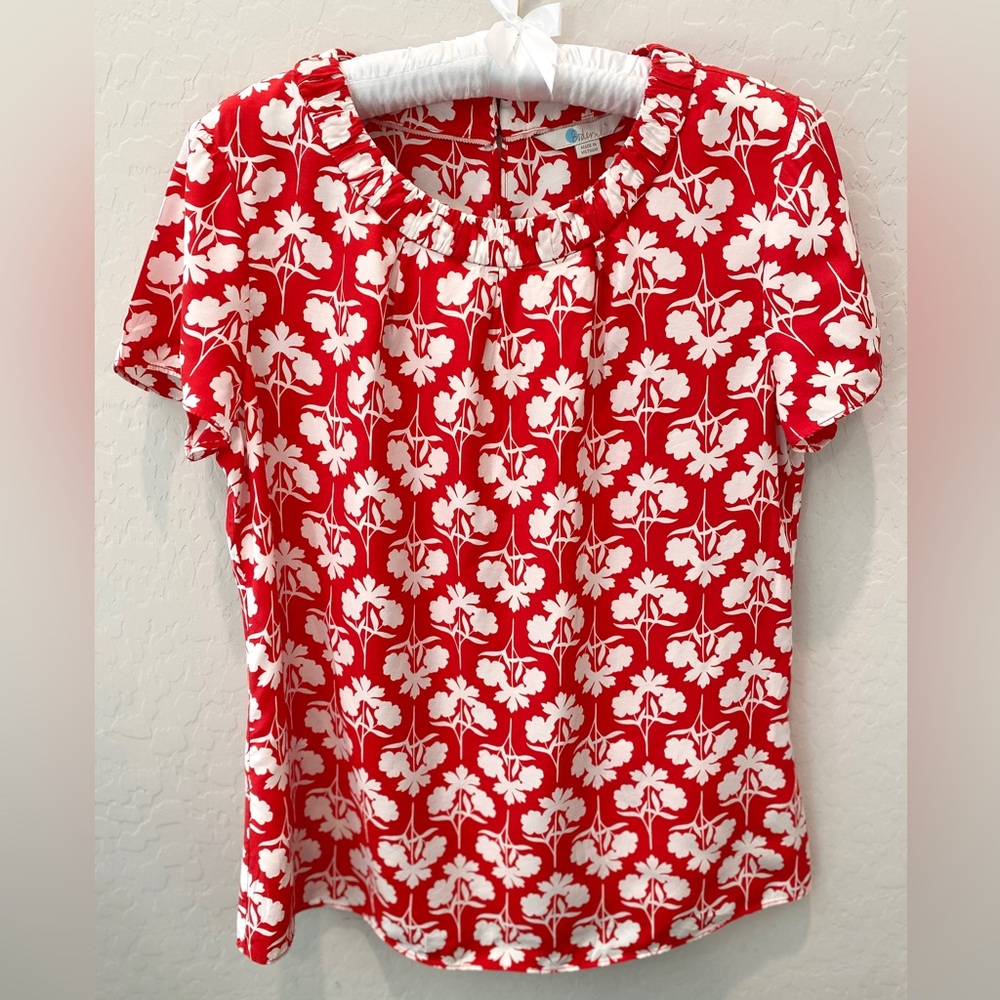 Boden Red and White Floral Short Sleeve Blouse